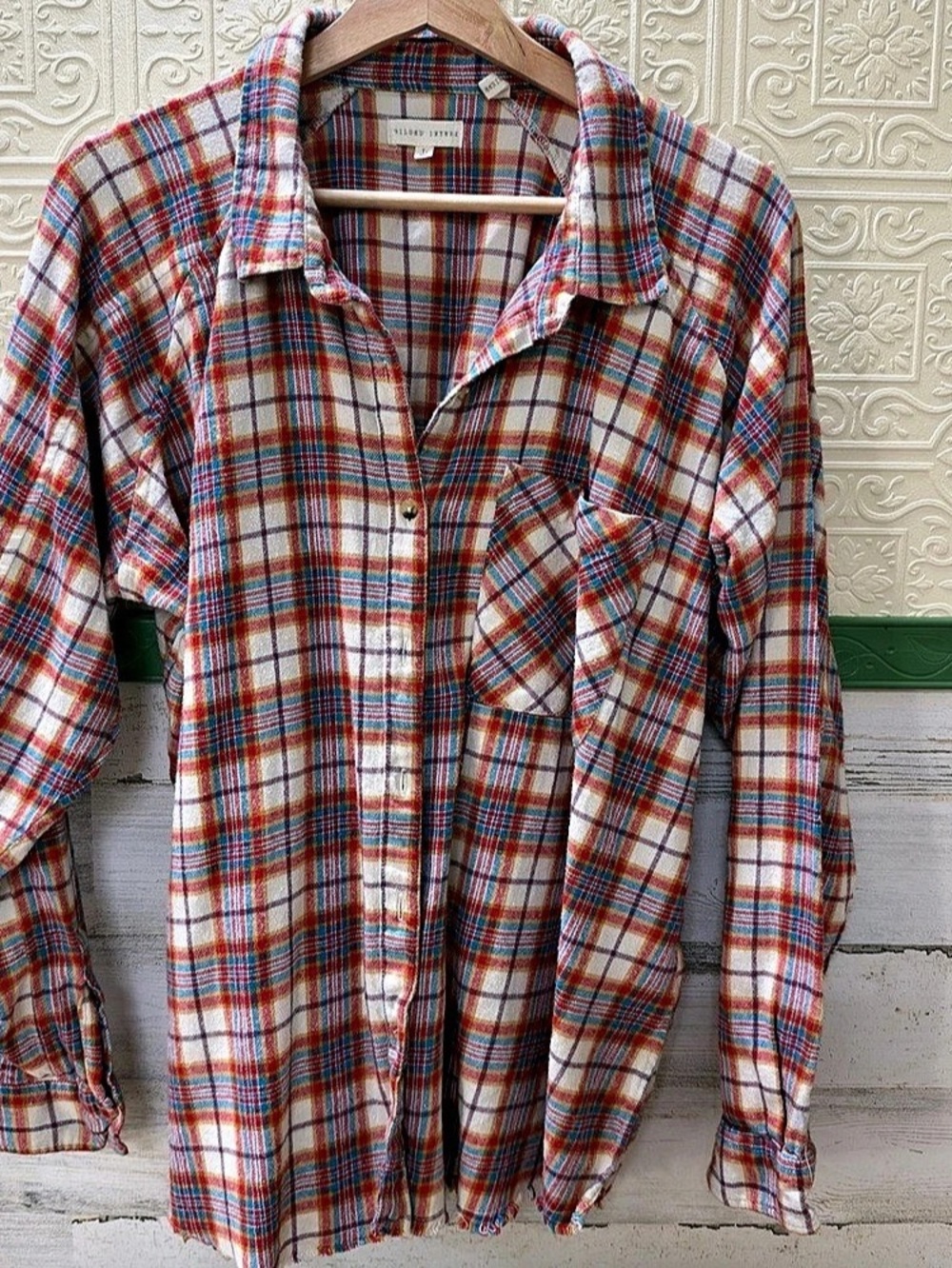 Gilded Intent Plaid Button Down Shirt in Red, orange, & White Large